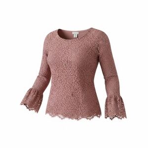 Adrienne Vittadini Pink Floral Lace Cottagecore Bell Long Sleeve Blouse Lined M